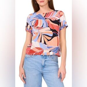 Vince Camuto Colorful Leaf Print Short Sleeve Top Size Small